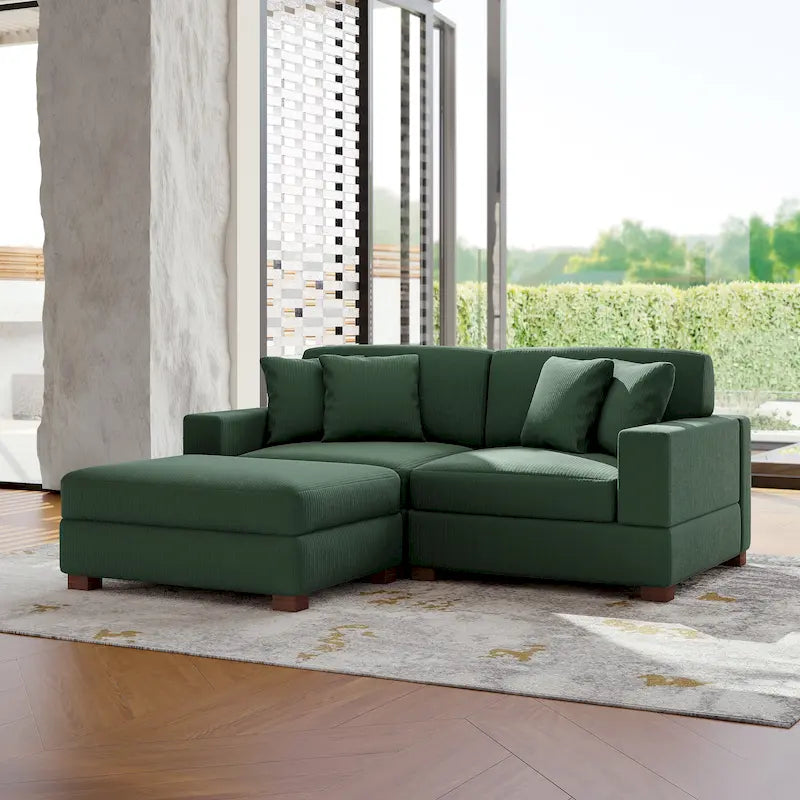 Ensemble canapé d'angle modulable en velours côtelé avec méridienne et pouf