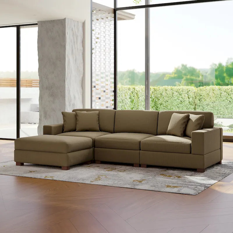 Ensemble canapé d'angle modulable en velours côtelé avec méridienne et pouf