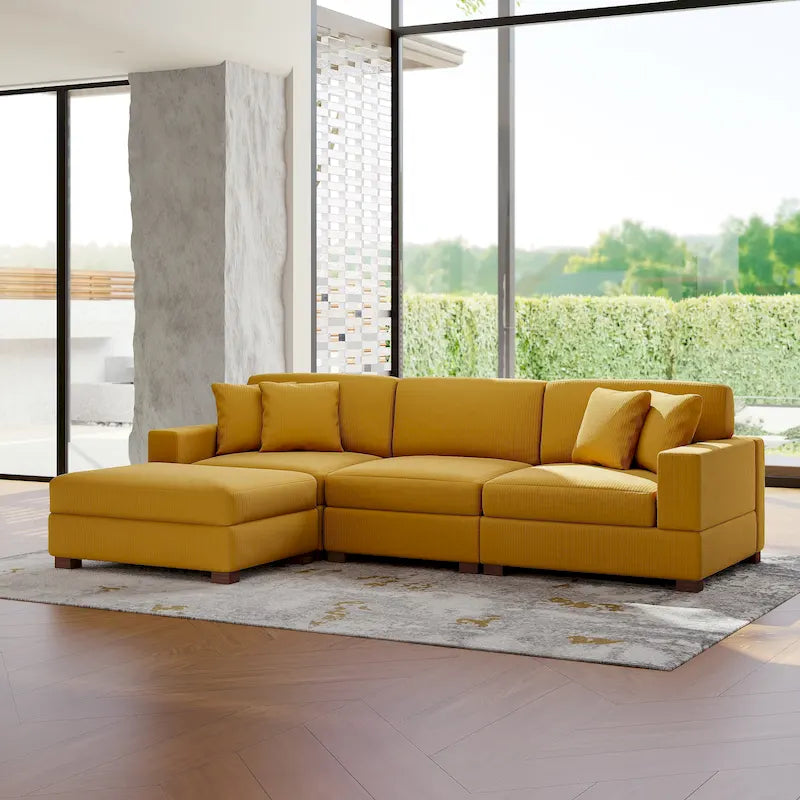 Ensemble canapé d'angle modulable en velours côtelé avec méridienne et pouf