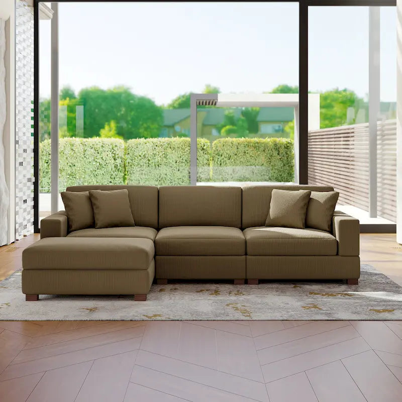 Ensemble canapé d'angle modulable en velours côtelé avec méridienne et pouf