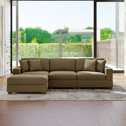 Ensemble canapé d'angle modulable en velours côtelé avec méridienne et pouf