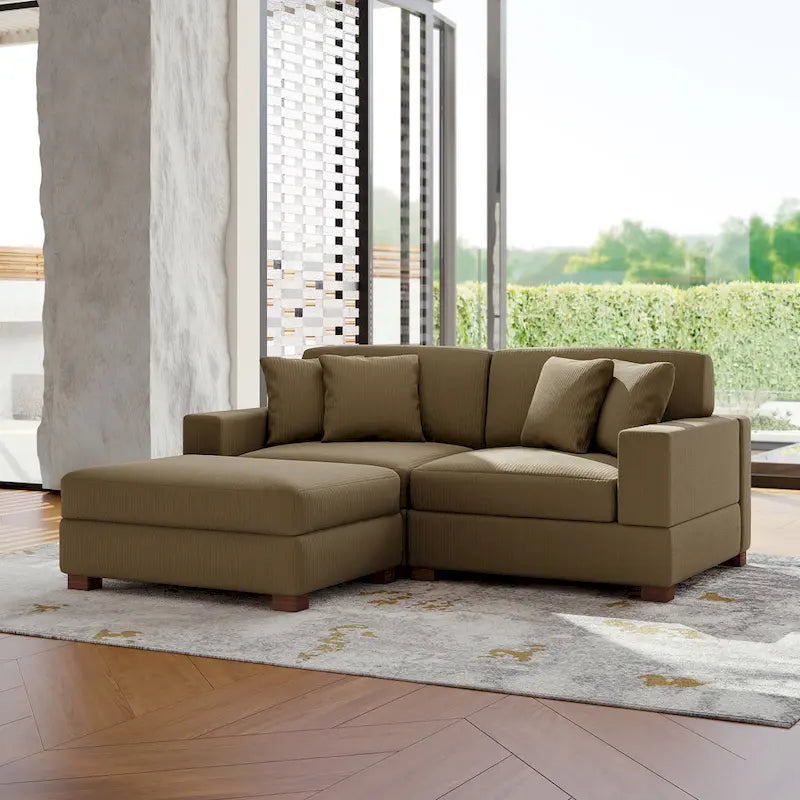 Ensemble canapé d'angle modulable en velours côtelé avec méridienne et pouf