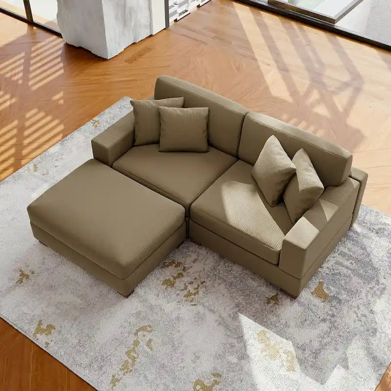 Ensemble canapé d'angle modulable en velours côtelé avec méridienne et pouf