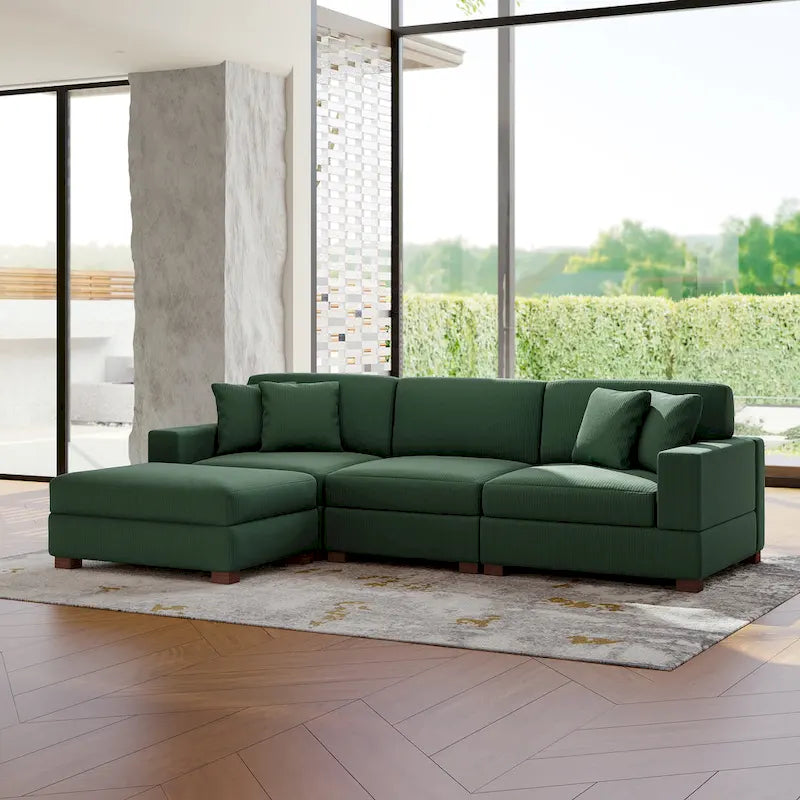 Ensemble canapé d'angle modulable en velours côtelé avec méridienne et pouf