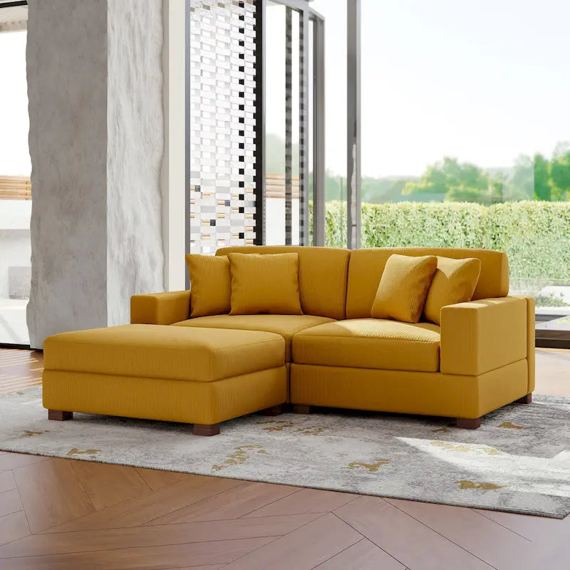 Ensemble canapé d'angle modulable en velours côtelé avec méridienne et pouf