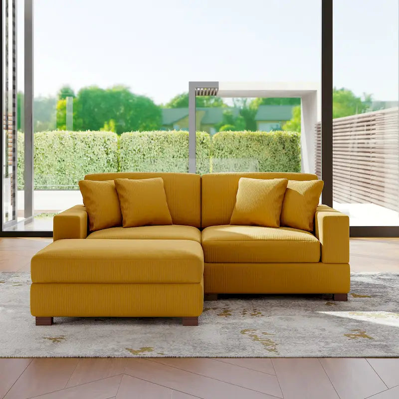 Ensemble canapé d'angle modulable en velours côtelé avec méridienne et pouf