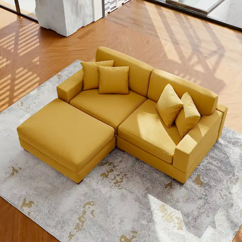 Ensemble canapé d'angle modulable en velours côtelé avec méridienne et pouf