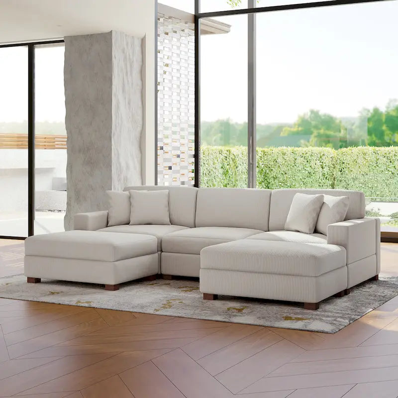 Ensemble canapé d'angle modulable en velours côtelé avec méridienne et pouf