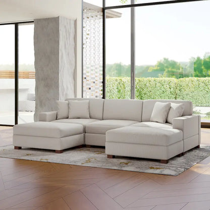 Ensemble canapé d'angle modulable en velours côtelé avec méridienne et pouf