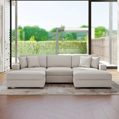 Ensemble canapé d'angle modulable en velours côtelé avec méridienne et pouf