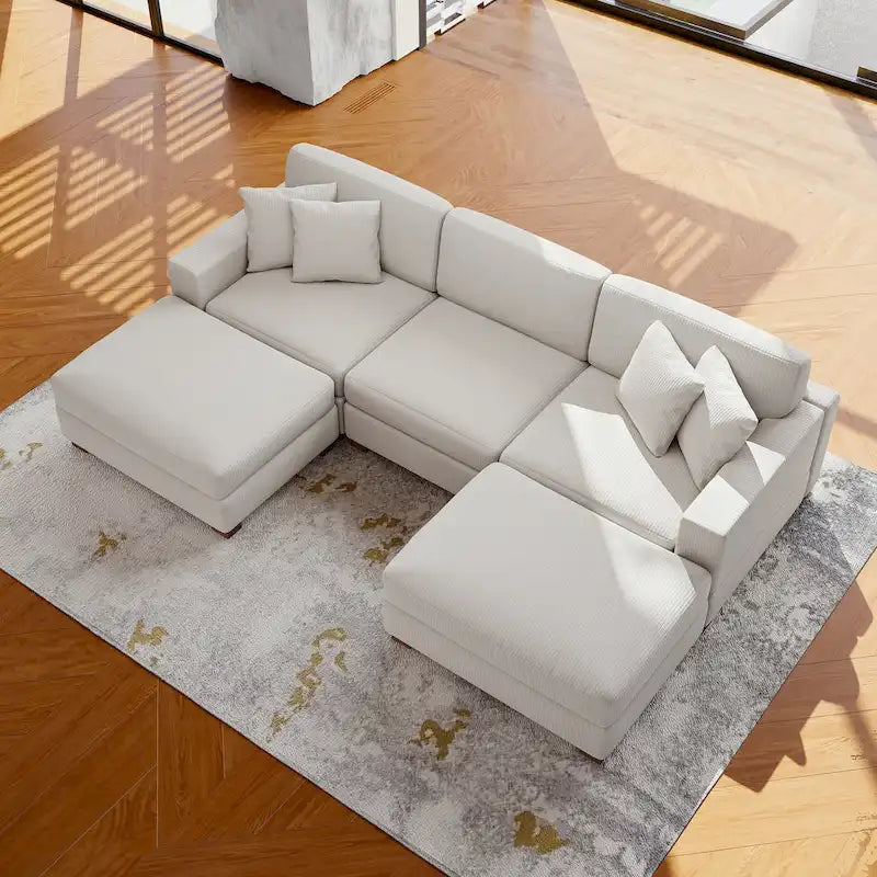 Ensemble canapé d'angle modulable en velours côtelé avec méridienne et pouf