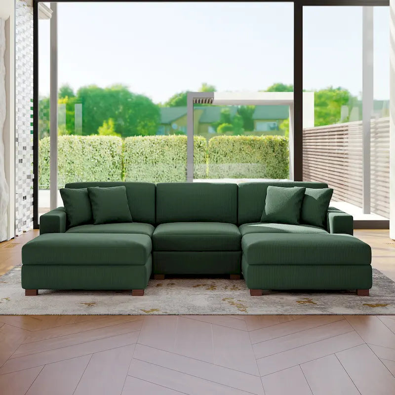 Ensemble canapé d'angle modulable en velours côtelé avec méridienne et pouf