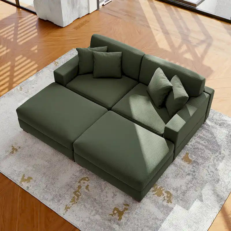 Ensemble canapé d'angle modulable en velours côtelé avec méridienne et pouf