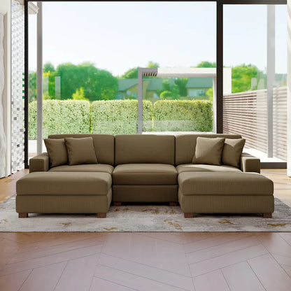 Ensemble canapé d'angle modulable en velours côtelé avec méridienne et pouf