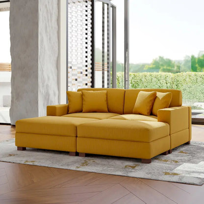 Ensemble canapé d'angle modulable en velours côtelé avec méridienne et pouf