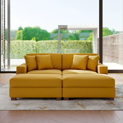 Ensemble canapé d'angle modulable en velours côtelé avec méridienne et pouf