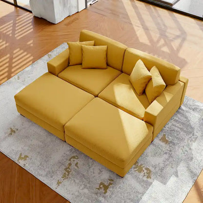 Ensemble canapé d'angle modulable en velours côtelé avec méridienne et pouf