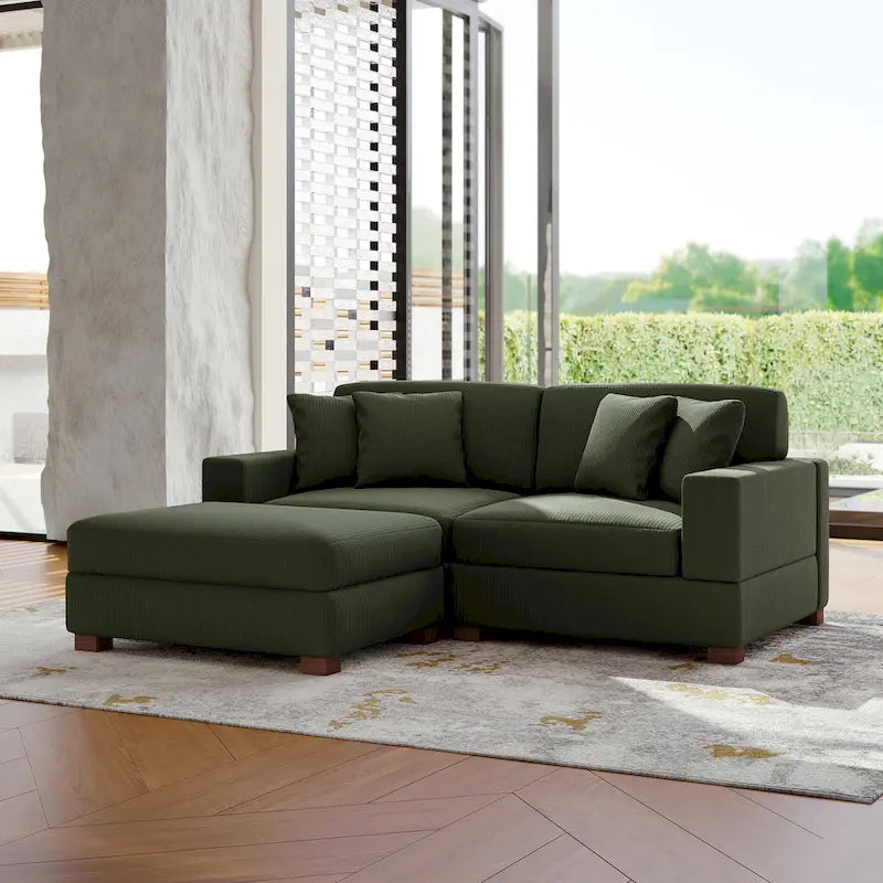 Ensemble canapé d'angle modulable en velours côtelé avec méridienne et pouf