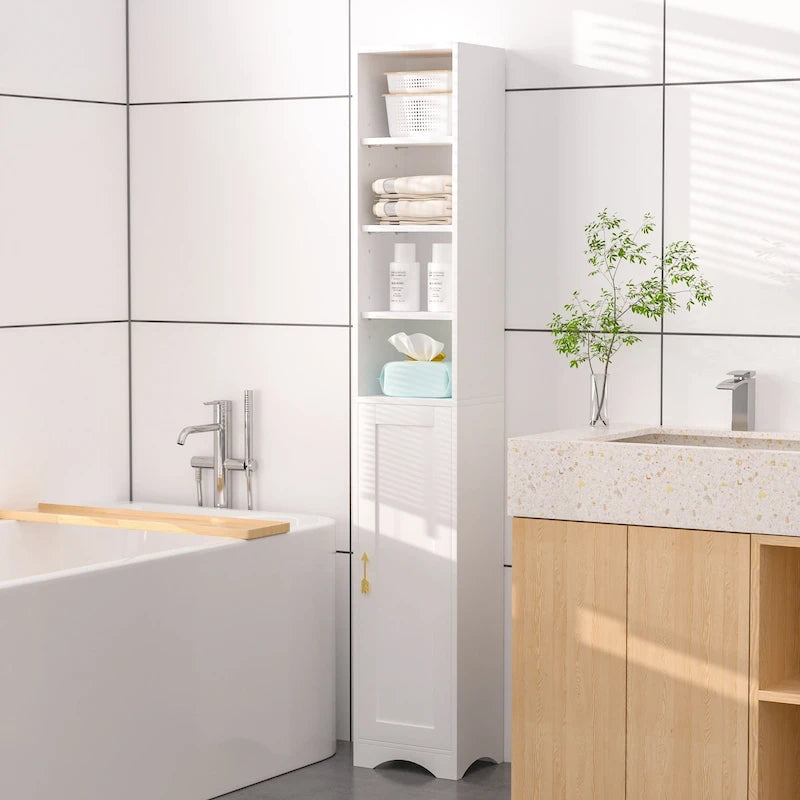 Armoire à linge étroite de salle de bain VECELO, 8 niveaux, en bois massif, avec 8 étagères.