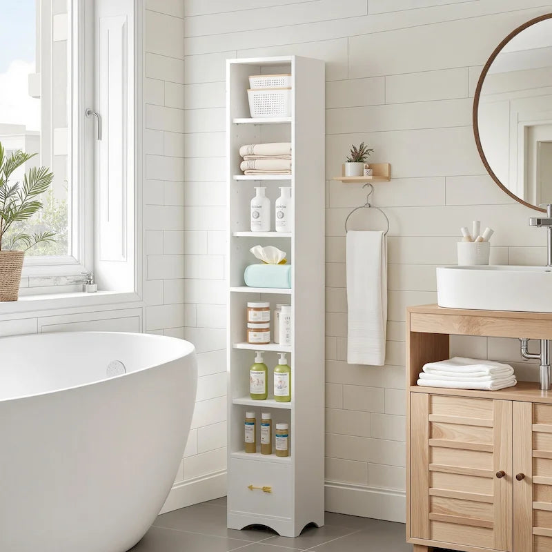 Armoire à linge étroite de salle de bain VECELO, 8 niveaux, en bois massif, avec 8 étagères.