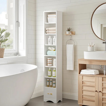 Armoire à linge étroite de salle de bain VECELO, 8 niveaux, en bois massif, avec 8 étagères.