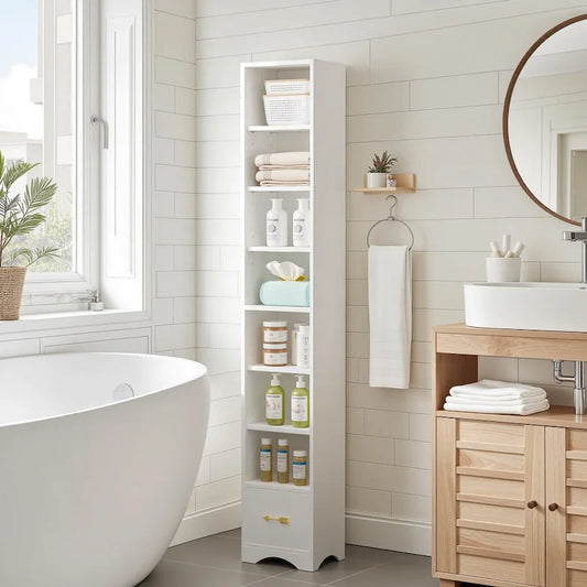 VECELO 70.9 Inches Tall Bathroom Narrow Linen Cabinet, 8 Tiers Solid Wood Freestanding Storage Cabinet