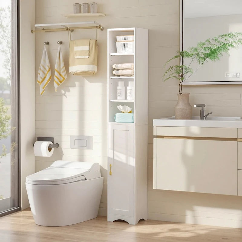 Armoire à linge étroite de salle de bain VECELO, 8 niveaux, en bois massif, avec 8 étagères.