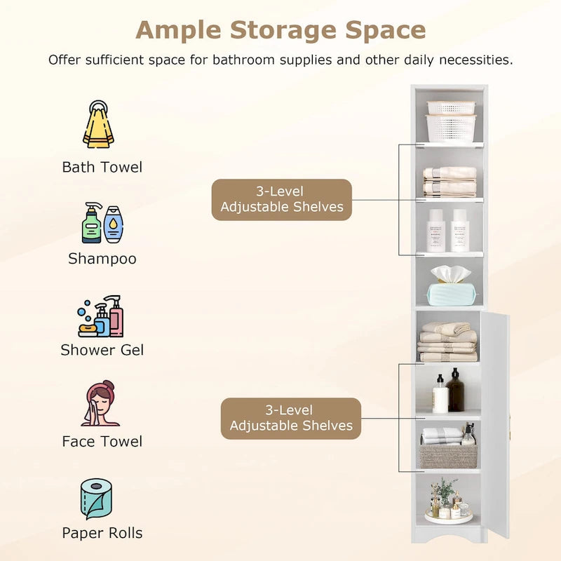 Armoire à linge étroite de salle de bain VECELO, 8 niveaux, en bois massif, avec 8 étagères.