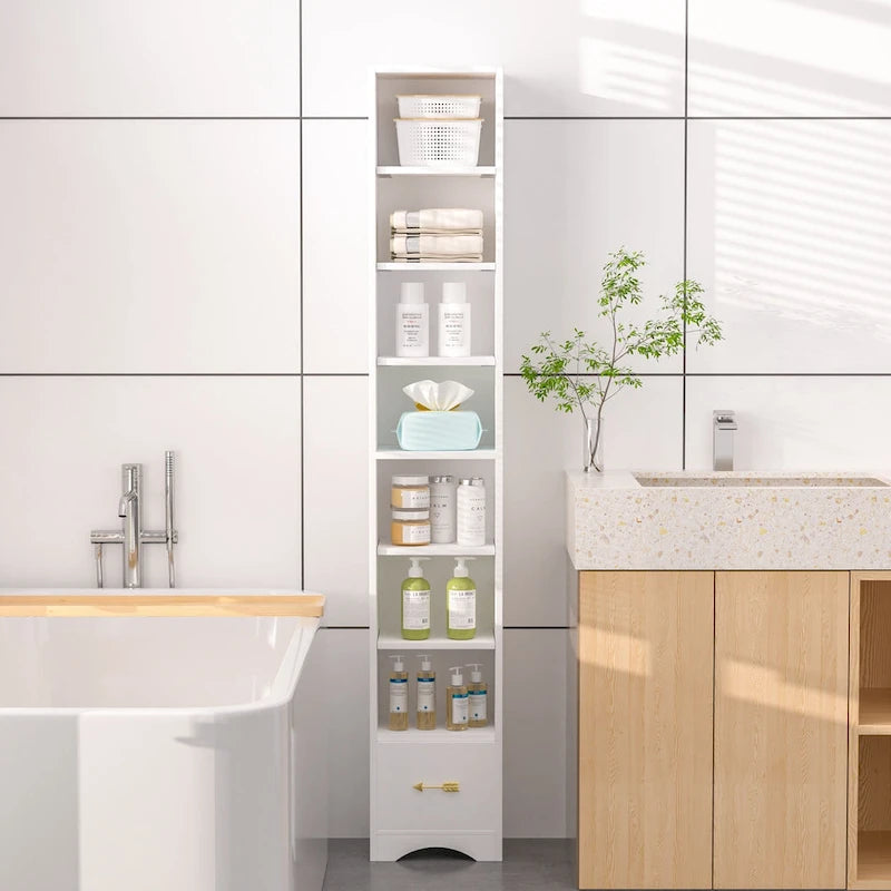 Armoire à linge étroite de salle de bain VECELO, 8 niveaux, en bois massif, avec 8 étagères.