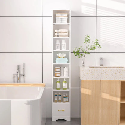 Armoire à linge étroite de salle de bain VECELO, 8 niveaux, en bois massif, avec 8 étagères.