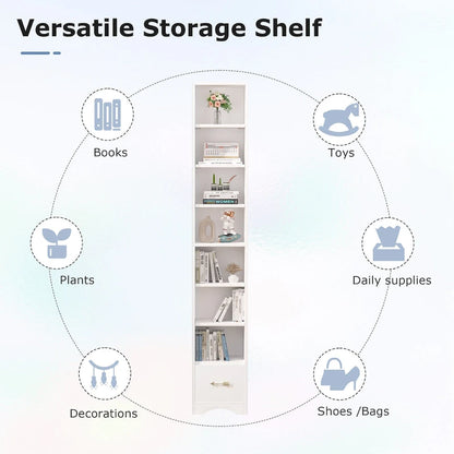 Armoire à linge étroite de salle de bain VECELO, 8 niveaux, en bois massif, avec 8 étagères.