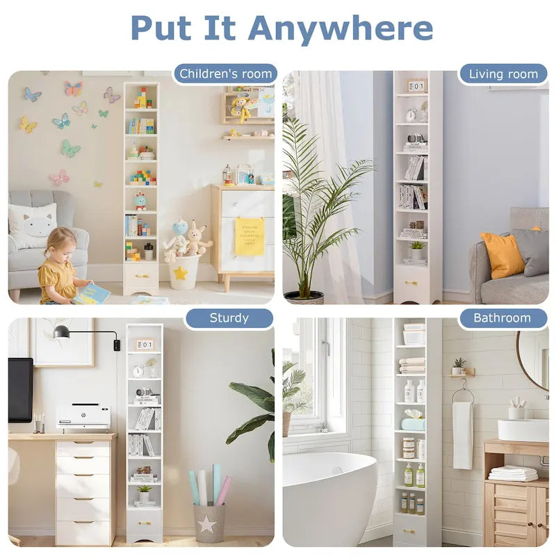 Armoire à linge étroite de salle de bain VECELO, 8 niveaux, en bois massif, avec 8 étagères.