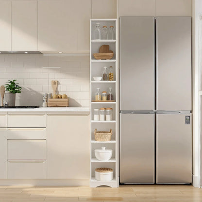 Armoire à linge étroite de salle de bain VECELO, 8 niveaux, en bois massif, avec 8 étagères.