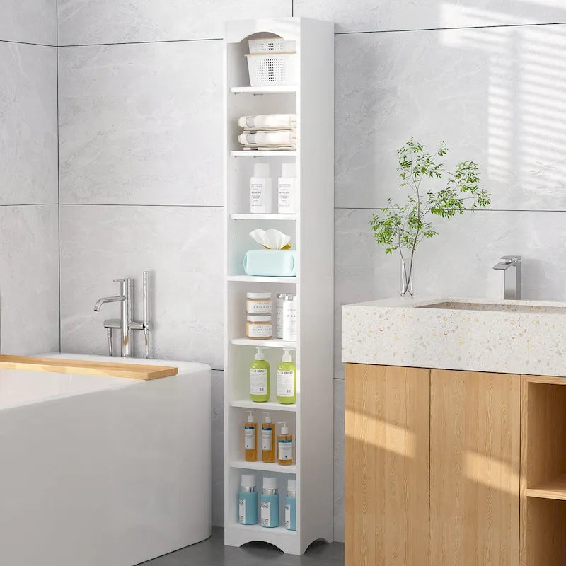 Armoire à linge étroite de salle de bain VECELO, 8 niveaux, en bois massif, avec 8 étagères.