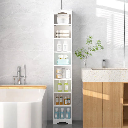 Armoire à linge étroite de salle de bain VECELO, 8 niveaux, en bois massif, avec 8 étagères.
