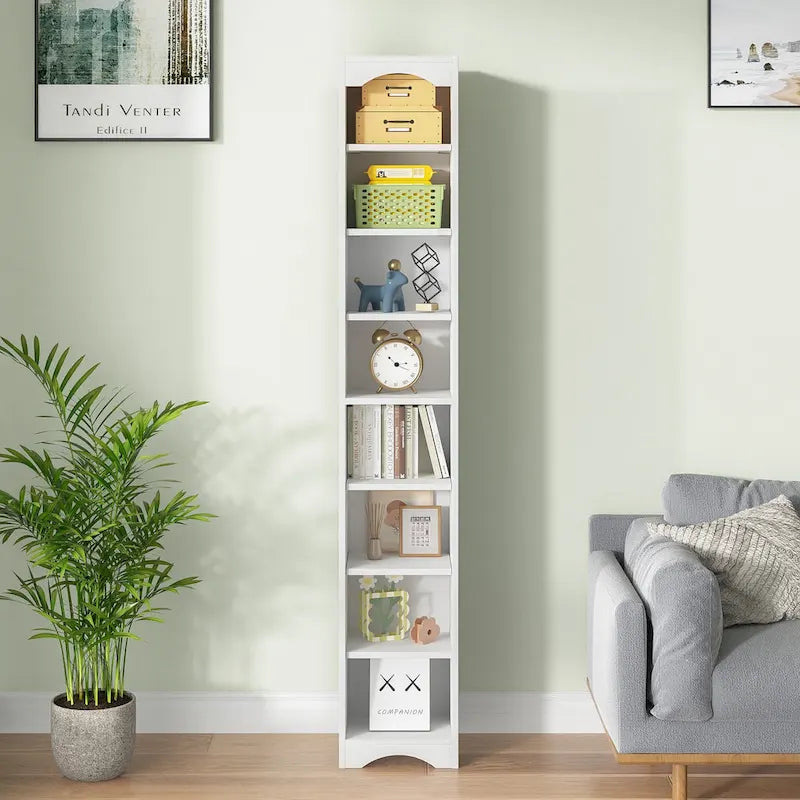 Armoire à linge étroite de salle de bain VECELO, 8 niveaux, en bois massif, avec 8 étagères.