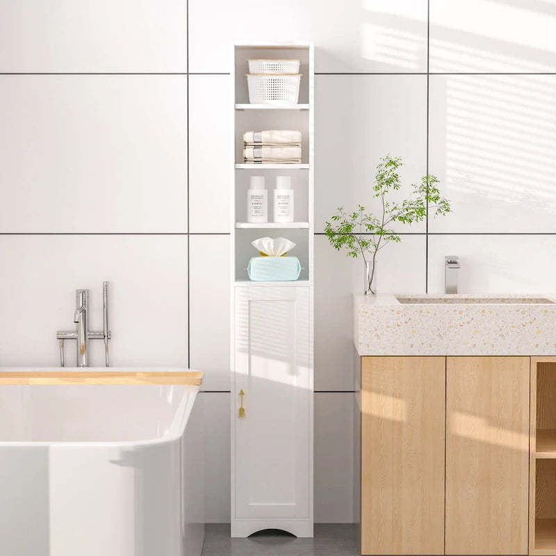 Armoire à linge étroite de salle de bain VECELO, 8 niveaux, en bois massif, avec 8 étagères.