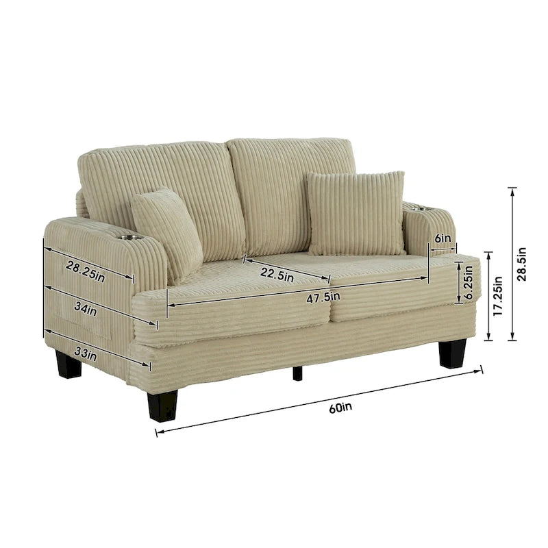 Canapé deux places contemporain en velours côtelé de 61 pouces avec 2 coussins et porte-gobelet