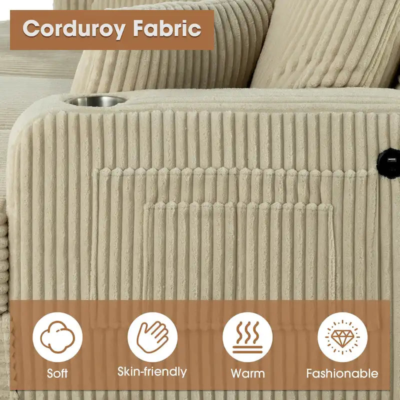 Canapé deux places contemporain en velours côtelé de 61 pouces avec 2 coussins et porte-gobelet