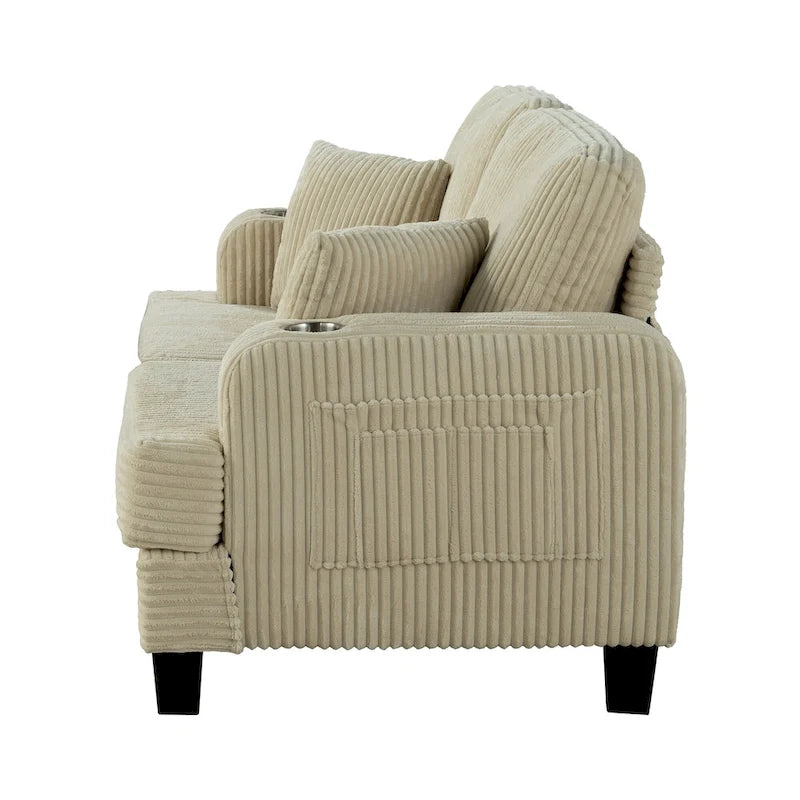 Canapé deux places contemporain en velours côtelé de 61 pouces avec 2 coussins et porte-gobelet