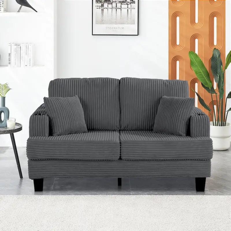 Canapé deux places contemporain en velours côtelé de 61 pouces avec 2 coussins et porte-gobelet