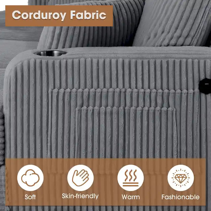 Canapé deux places contemporain en velours côtelé de 61 pouces avec 2 coussins et porte-gobelet