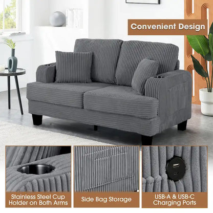 Canapé deux places contemporain en velours côtelé de 61 pouces avec 2 coussins et porte-gobelet