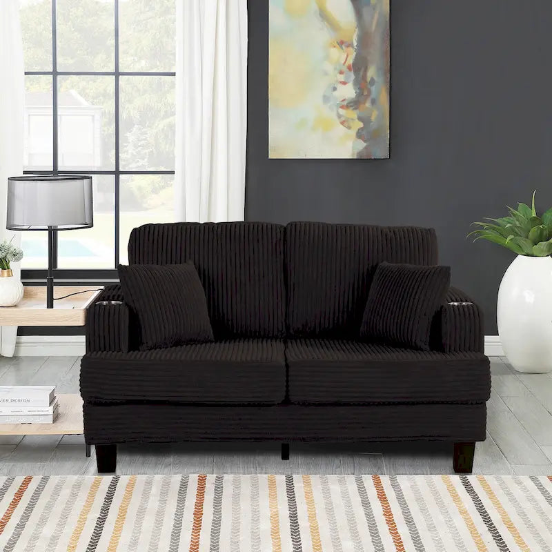 Canapé deux places contemporain en velours côtelé de 61 pouces avec 2 coussins et porte-gobelet