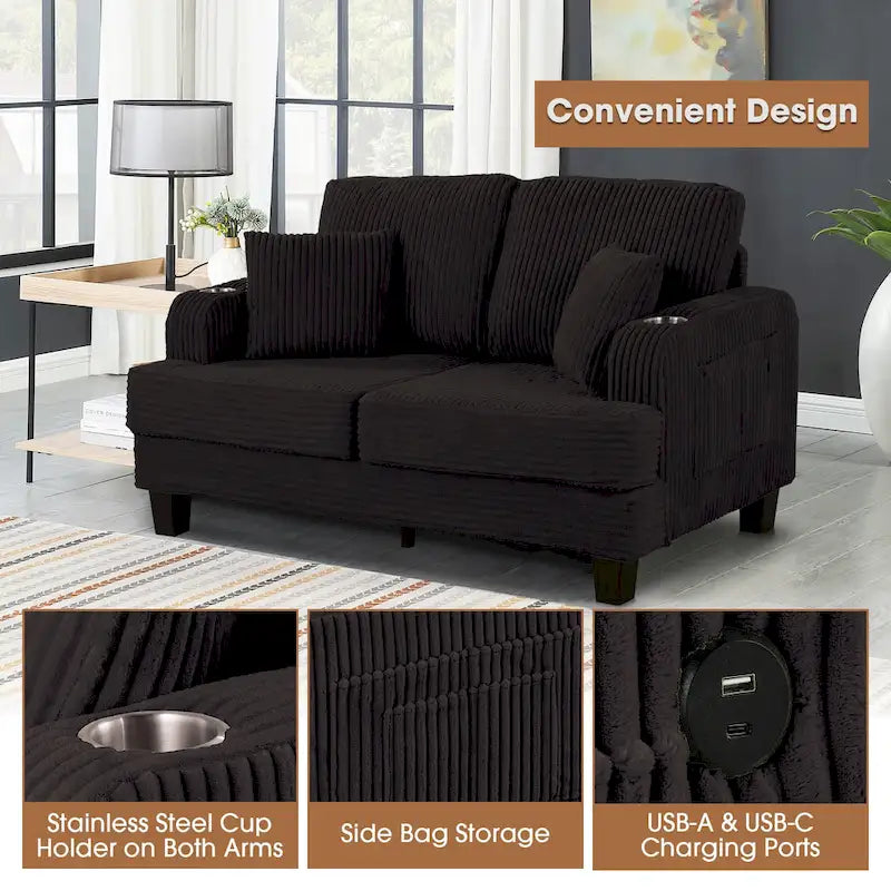 Canapé deux places contemporain en velours côtelé de 61 pouces avec 2 coussins et porte-gobelet