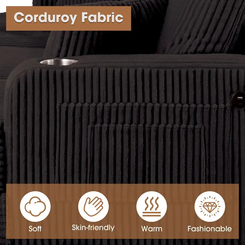 Canapé deux places contemporain en velours côtelé de 61 pouces avec 2 coussins et porte-gobelet