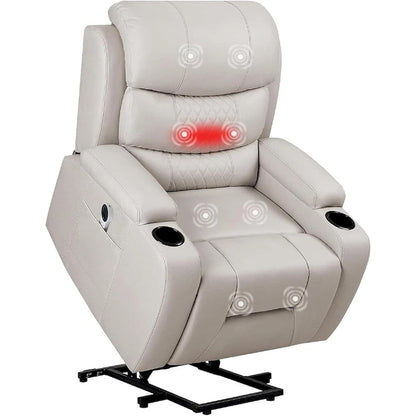 Fauteuil inclinable électrique surdimensionné avec fonction massage et chauffage, revêtement en cuir PU, port USB, porte-gobelets et poches