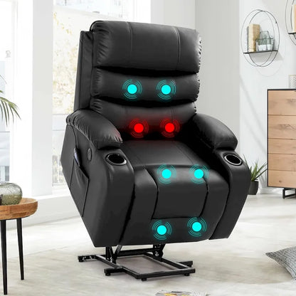 Fauteuil inclinable électrique surdimensionné avec fonction massage et chauffage, revêtement en cuir PU, port USB, porte-gobelets et poches