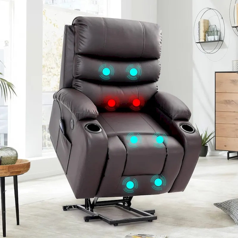 Fauteuil inclinable électrique surdimensionné avec fonction massage et chauffage, revêtement en cuir PU, port USB, porte-gobelets et poches