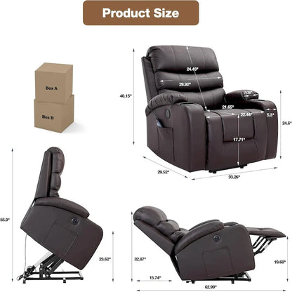 Fauteuil inclinable électrique surdimensionné avec fonction massage et chauffage, revêtement en cuir PU, port USB, porte-gobelets et poches